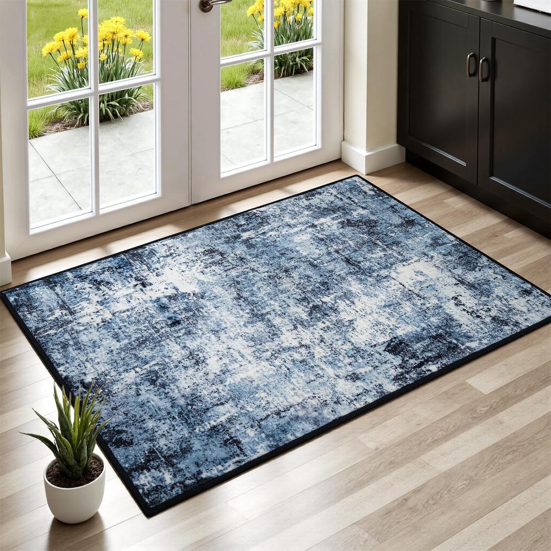 Rugflix 2x3 Entrance Rugs, Entry Rug Washable Non-Slip Stain-Resistant Low Pile Small Modern Dark Carpet, for Living Room Bedroom Indoor, Navy Blue/Black (01-ocean Blue)