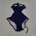 BMJL Women's One Piece Swimsuits Tummy Control Slimming Bathing Suits Crisscross Lace up Back Color Block Scoop Neck Swimwear (Navy Blue064, Small)