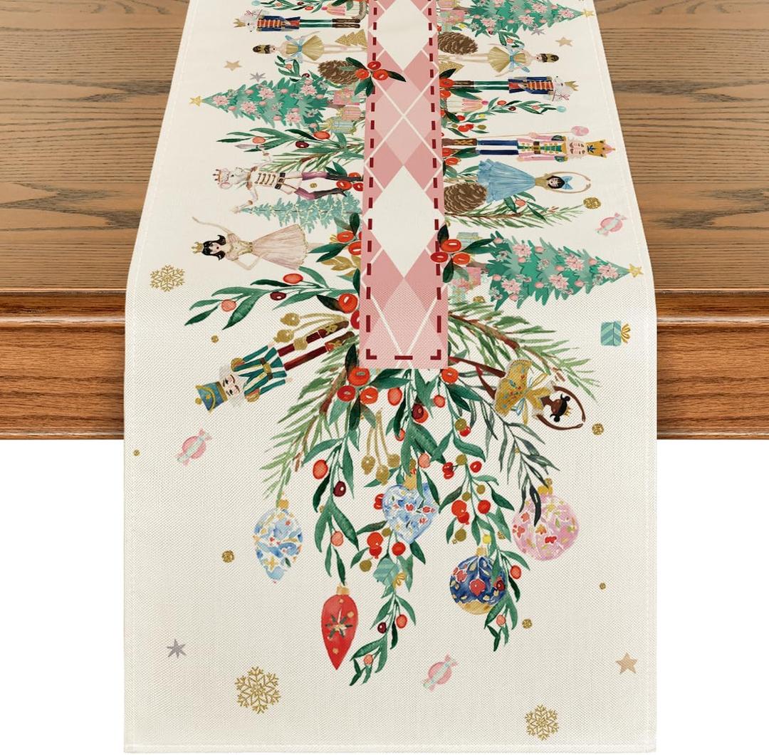 Artoid Mode Nutcracker Floral Holly Christmas Table Runner, Seasonal Winter Kitchen Dining Table Decoration for Home Party Decor 13x108 Inch (Pink)