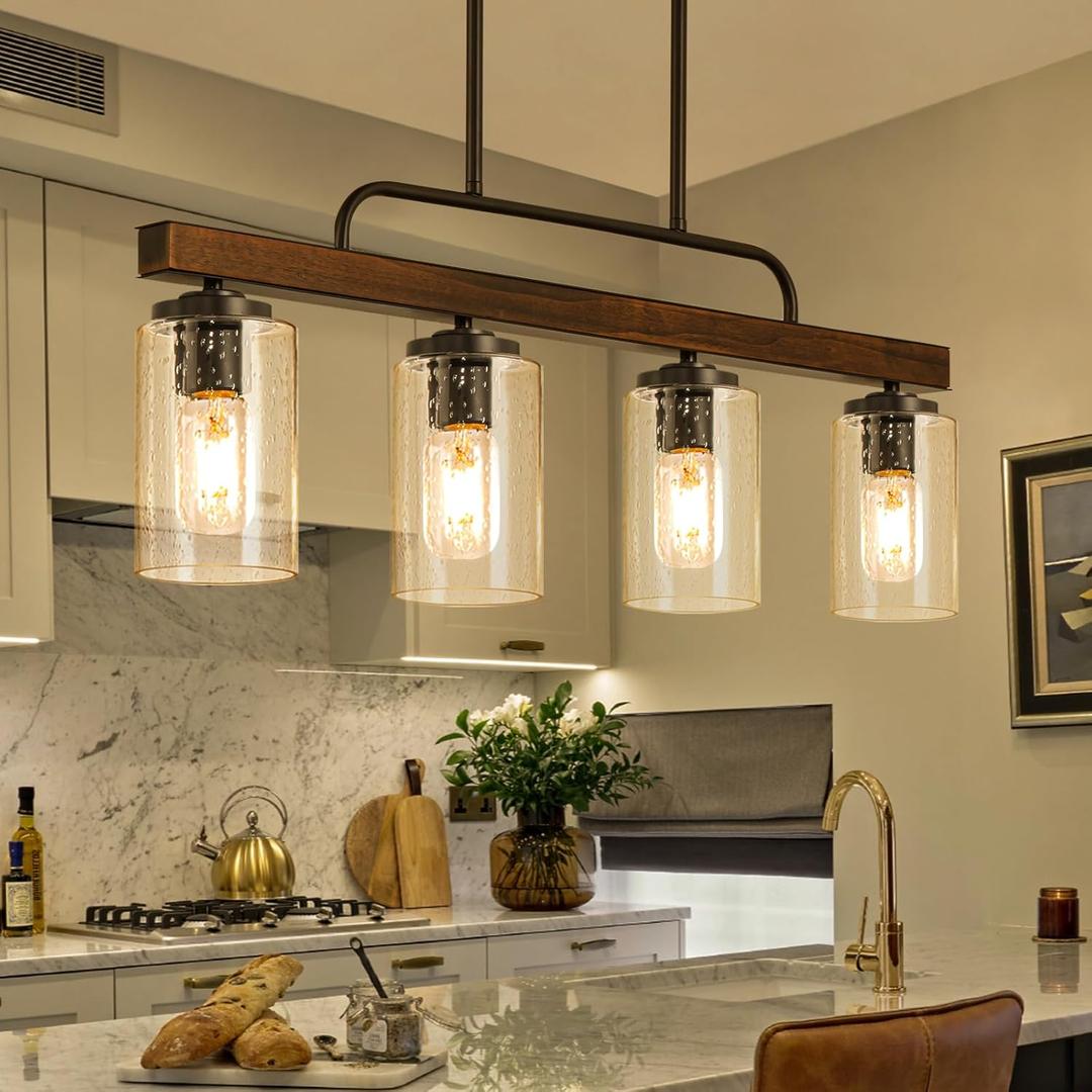 Farmhouse Dining Room Light Fixture, 4-Light Wood Kitchen Island Lighting, Industrial Chandeliers for Dining Room Over Table Black Pendant Light with Seeded Glass Shade for Bar Restaurant