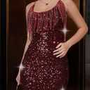 Women's Sparkling Sequin Fringe Mini Dress Party Clubwear Sleeveless Spaghetti Strap Bodycon Dress (L)