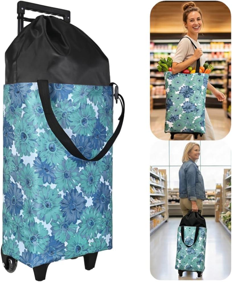 Rolling Shopping Bag, Small Shopping Cart with Wheels,Collapsible Portable Waterproof Tote for Market & Grocery RunsGift for Women & Seniors(Flower&Expandable Bag)