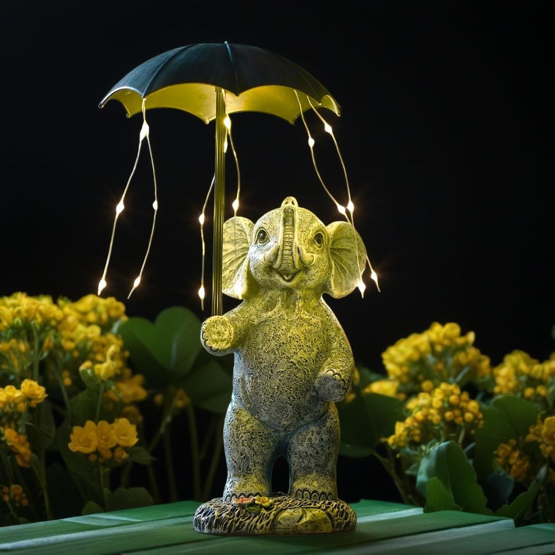 Solar Elephant Statue Garden Decor - Resin Solar Outdoor Yard Lawn Garden Statue - Unique Design Gifts for Women,Mom Elephant Lovers (Darkgrey)