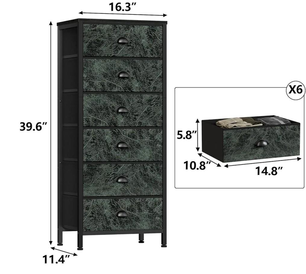 Furnulem Vertical Dresser for Bedroom,Tall Storage Tower Unit and Chest with 6 Drawers,Vintage Green Nightstand Furniture with Fabric Drawer Organizer in Dorm, Living Room,Closet,Entryway,Hallyway