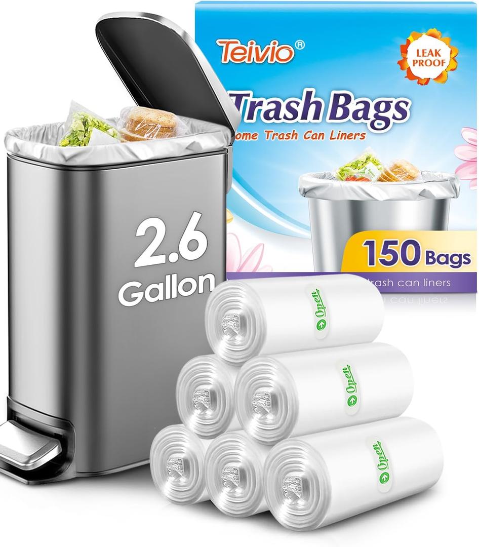 2.6 Gallon 150 Counts Small Trash Bags Garbage Bags by Teivio, Bathroom Trash Can Bin Liners, Small Plastic Bags for home office kitchen, Clear