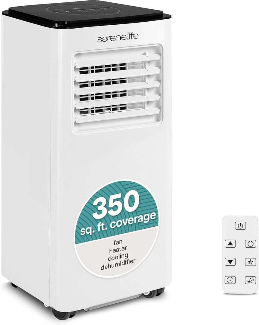 SereneLife 8000 BTU Portable Air Conditioner with Heat, Compact 4-in-1 Portable AC & Heater for Room Up to 350 Sq Ft with Dehumidifier & Fan Function, Remote Control, Window Mount Kit, 13" x 11" x 26"