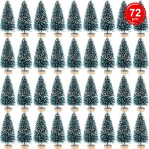 Sumind 72 Pieces Mini Christmas Trees Bottle Brush Trees Plastic Artificial Winter Sisal Mini Pine with Wooden Base Snow Frost Tree Tabletop Tree for Christmas Decoration Gift and Display