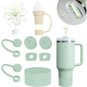 Stanley Cup Accessories Set Including 6 Pcs Silicone Spill Proof Stopper, 2 Pcs Straw Cover Cap for 9-10 mm Straws, 1 Pcs Silicone Boot for Stanley Cup 40oz & 30oz Tumbler (Matcha)