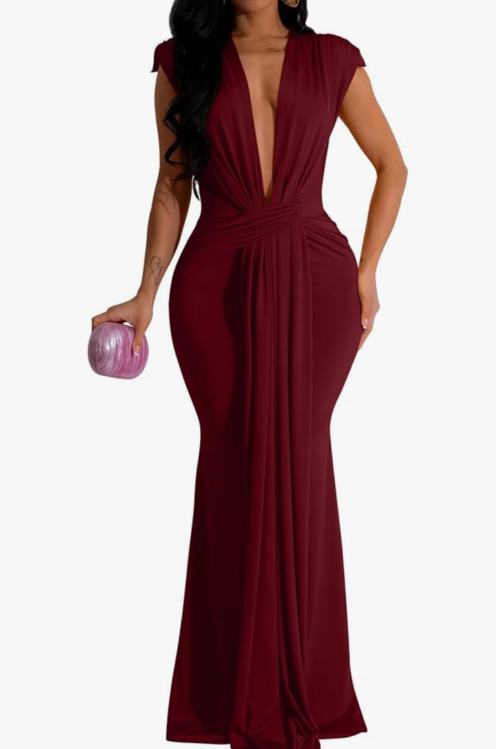 Memoriesea Women's Elegant Sleeveless Deep V Neck Bodycon Party Evening Gown Maxi Dress, Color: Burgundy, Size Small