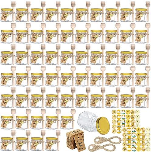 CRTWDMAN 60 Pack Mini Honey Jars/Pot Metal Lids,1.5 oz Glass,Wooden Dippers,Bee Charms,Jutes,Stickers,Small,Tiny, Baby Shower Wedding Party Favors