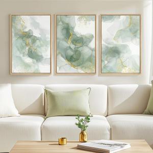 Framed Sage Green Abstract Wall Art, 3 Piece Modern Canvas Prints Paintings Artwork for Walls, Minimalist Green and Gold Abstract Art Pictures for Bedroom Living Room Dining Room Wall Decor 16x24 In, 16" W x 24" H x 3Pcs
