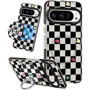 Lotadilo Cute for Google Pixel 9 Pro XL Case - Compatible with Magsafe Magnetic Ring Holder Stand Kickstand for Women Girls Girly Funny Fashion TPU Phone Case, Grid Flower