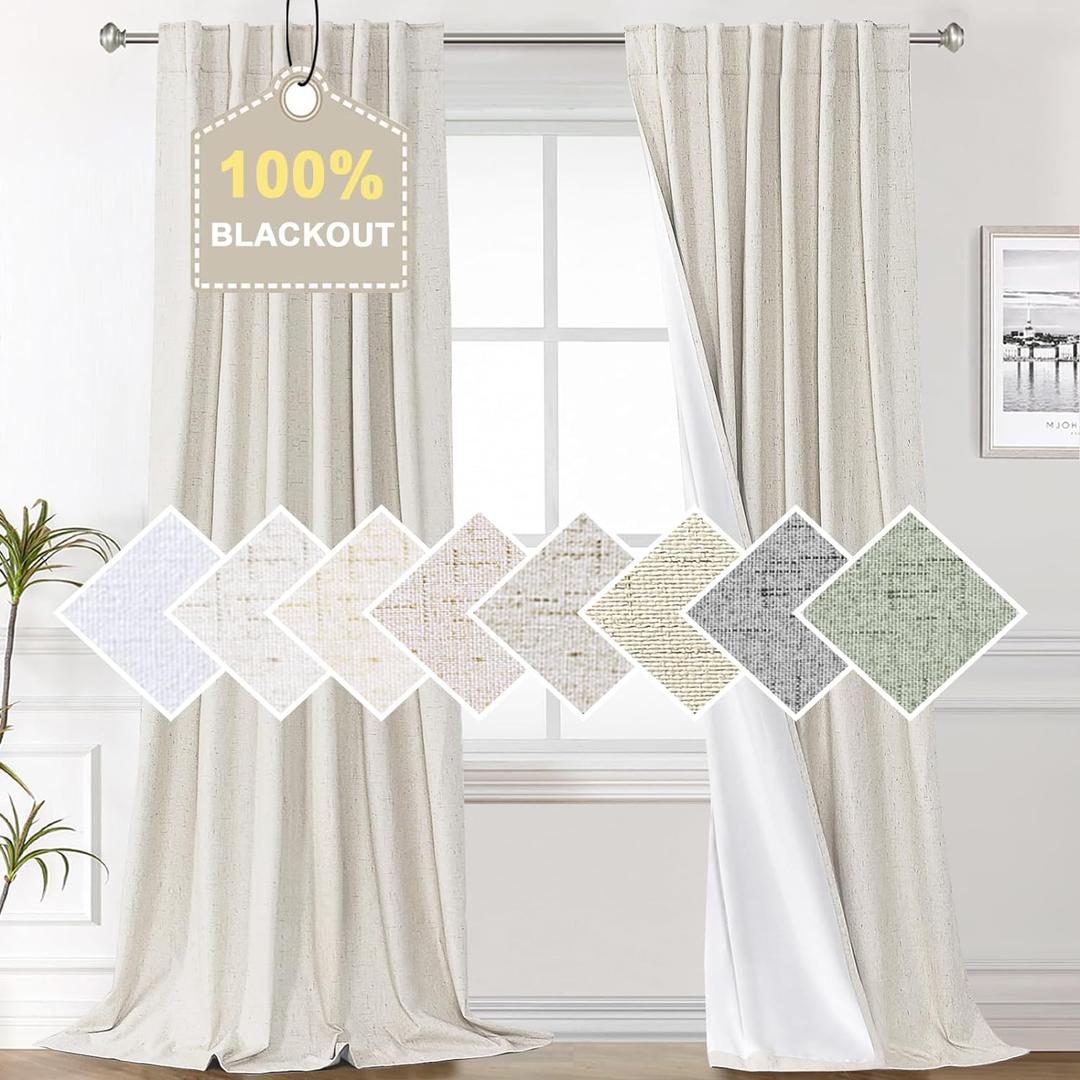 H.VERSAILTEX Faux Linen Texture 96 Inches Curtains for Bedroom 100% Blackout Thermal Insulated Antique White Curtains Back Tab/Rod Pocket Darkening Drapes for Living Room Nursery 52x96 Inch (2 Panels)