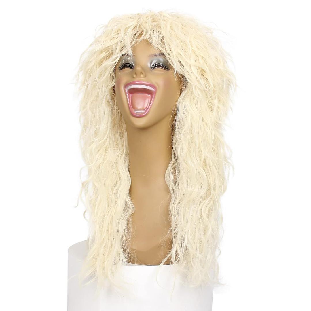 Blonde 80s Wigs for Women and Men Long Curly 80s Rocker Punk Mullet Cosplay Wig for Men and Women Halloween Costumes Party Wigs 1.0 Count