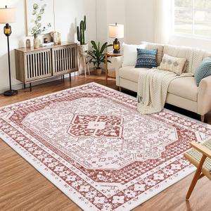 Washable Bordered Area Rugs for Living Room, 8x10 Ultra-Thin Large Area Rug, Stain Resistant No Slip Vintage Moroccan Soft Carpet for Bedroom Dining Room, Rusty Red