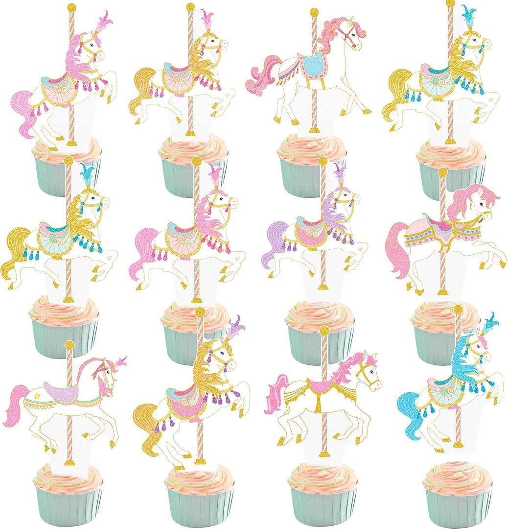 Carousel Horse Cupcake Toppers 48Pcs Carousel Horse Party Cake Decorations Carnival Carousel Horse Cupcake Picks Horse Birthday Party Supplies for Amusement Park Themed Baby Shower Decor