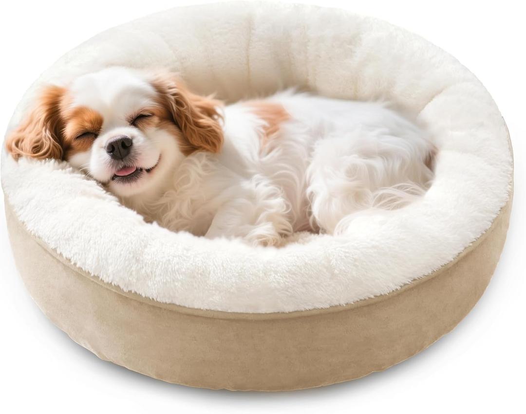Love's cabin Round Donut Cat and Dog Cushion Bed, 25in Pet Bed for Small or Medium Dogs, Anti-Slip & Water-Resistant Bottom, Soft Durable Fabric Pet Beds, Washable Calming Cat & Dog Bed Camel (25.0"L x 25.0"W x 7.0"Th)