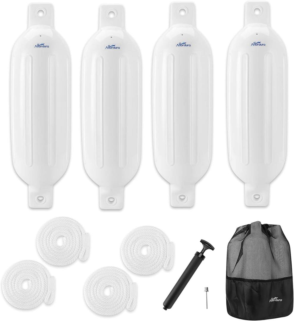 Affordura Boat Fender 4 Pack Boat Bumpers Fenders with 4 Ropes, Boat Bumpers for Pontoon Boat Fenders Inflatable (6.5 inch, White)