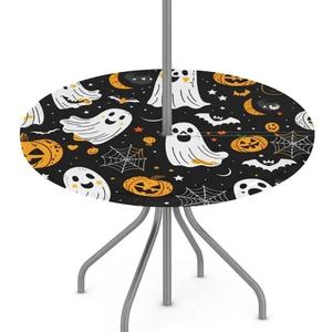 YGPARK Outdoor Fitted Round Table Cloth with Umbrella Hole, Halloween Ghosts Circle Elastic Tablecloth 36"-44" Waterproof Zipper Patio Table Cover for Picnic Camping Party Halloween Decoration