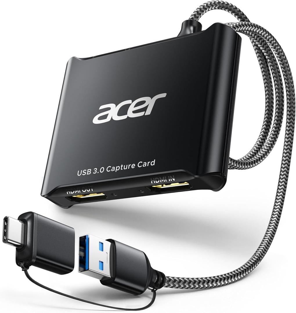 acer USB 3.0 Video Capture Card, HDMI Capture Card for Streaming with 4K Loop-Out & USB A/C | 1080P 60Hz HD | Video Audio Game Capture for PS5/PS4/Switch2/Xbox/Camera/PC/Mac - Black