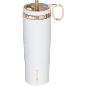 KISSKIND Iced Coffee Tumbler with Hidden Straw, 24 oz Reusable Iced Coffee Cup, Ceramic Lined Travel Mug Fits in Bags and Car Cupholders, 100% Leakproof Cold Brew Cup, No Spill, Clean Brew