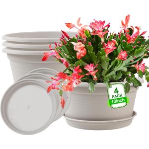 Large 4 Pack 13 inch Plant Pots, Round Plastic Pots for Plants, Outdoor Planters with Drainage Hole & Tray Saucer, Decoration Large Flower Pots for Indoor Outdoor Garden Home Plants (Gray White)