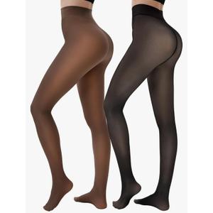 HONGTEYA 2 Pairs Fleece Lined Tights Women - Warm Sheer Pantyhose Fake Translucent Tights Winter Thermal Leggings, L, Blaack & Coffee