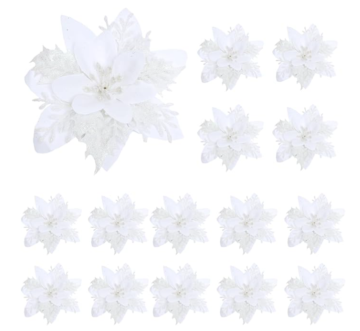 Fumwase 15PCS Christmas Flowers Artificial Poinsettia Glitter Decorations with Clips and Stems DIY Christmas Ornaments for Christmas Tree New Year Wedding Party (Blue)