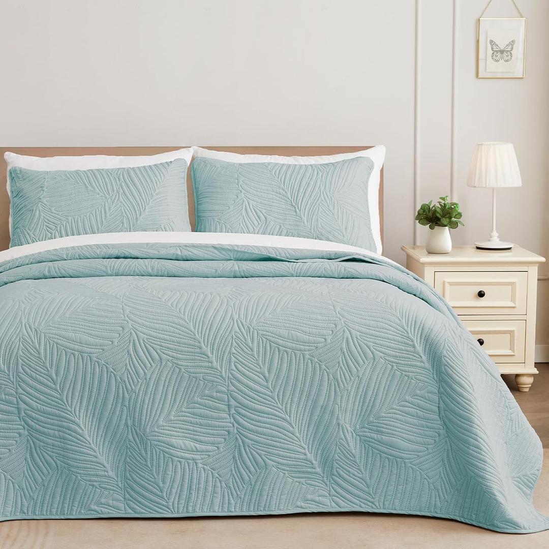 Exclusivo Mezcla Queen Quilt Bedding Set, Lightweight Aqua Blue Quilts Queen Full Size for All Seasons, Soft Microfiber Bedspreads Coverlets Bed Cover with Leaf Pattern, 3 Piece (Queen (90''X96''))