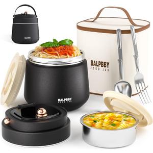 Thermo for Hot Food Adults 40OZ Soup Thermo Lunch Containers Wide Mouth Vacuum Insulated Food Jar Stainless Steel Leakproof Lunch Box with Spoon and Fork, Keeps Food Warm, Ideal Gift for Men and Women (Black)