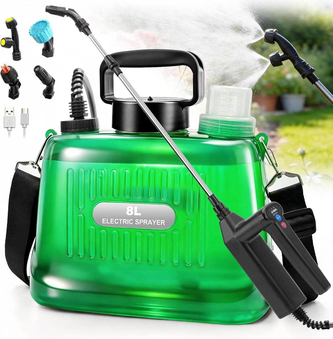 2 Gallon Battery Powered Sprayer, Electric Garden Sprayer with 3 Adjustable Pressures & Telescopic Wand, Rechargeable Weed Sprayer for Lawn, Yard & Pest Control, 4 Nozzles Included