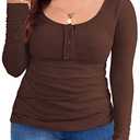 TINSTREE Women’s Plus Size Henley T Shirts Long Sleeve Button Down Tunic Blouse Loose Fit Tops Scoop Neck Ribbed Knit Shirts Coffee XL