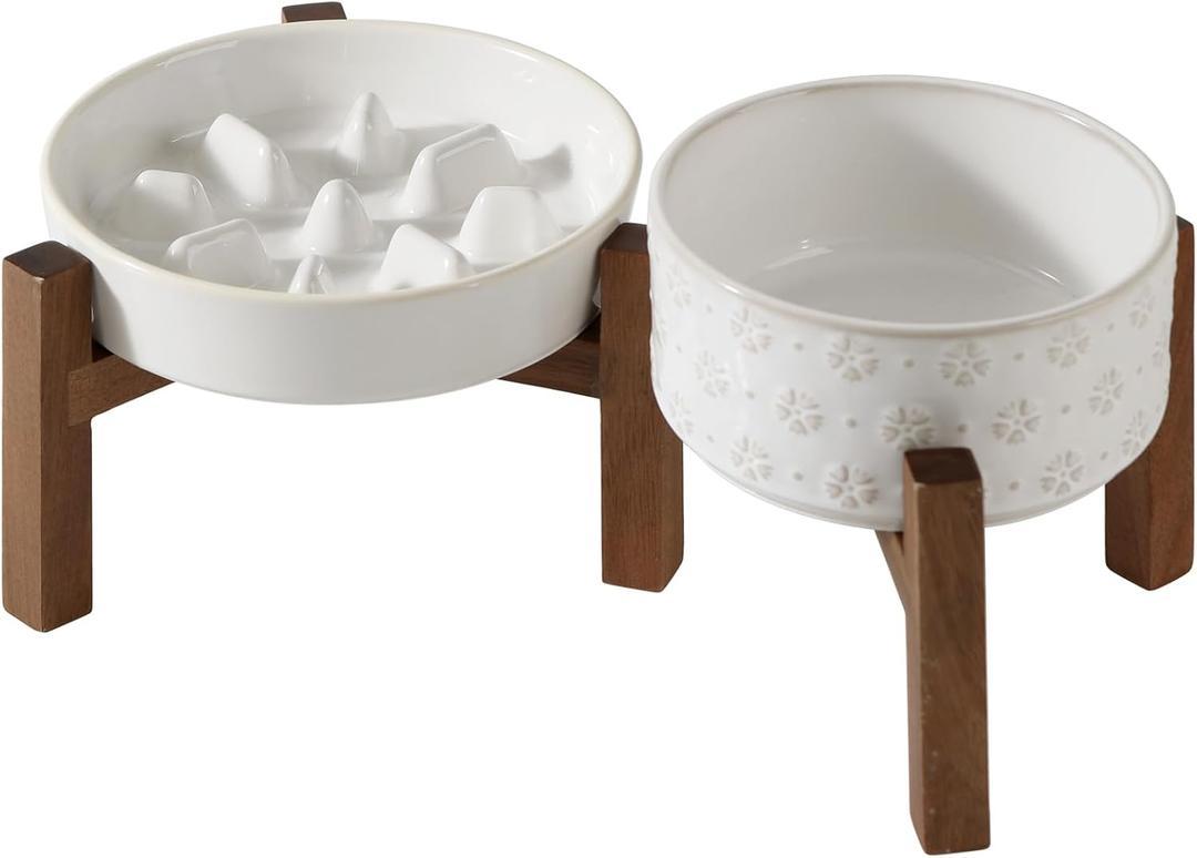 Ceramic 1.2 Cup Raised Slow Feeder Dog Bowl Set, Elevated 6.1inch Bowl and 7.3inch Slow Feeder Dish with Acacia Wood Stand for Small and Medium Dogs (2 x Reactived Glaze -White+ Stand)