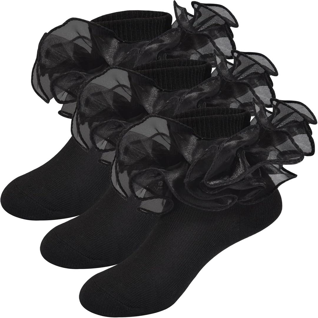 2 x Girls Ruffle Socks Frilly Double Lace Socks Cotton Turn Cuff Socks Toddler Pageant Socks for Girls 3/6 Pack