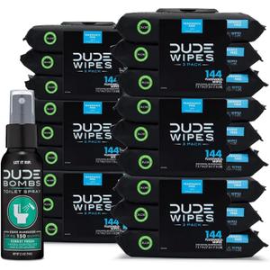 DUDE Wipes - Flushable Wipes with DUDE Bombs Toilet Spray - 18 Pack, 864 Count + 1 Spray Bottle - Unscented Extra-Large Adult with Vitamin-E & Aloe - Forest Fresh Stank Eliminator