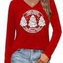 Christmas Shirts for Women Christmas Tree Graphic Shirt Xmas Tshirts Bow Printed V Neck Long Sleeve Tee Tops(Red4, Medium)