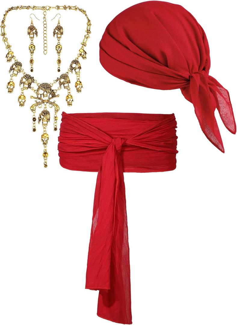 4 Pcs Pirate Costume Accessories Women Pirate Head Scarf Sash Belt Necklace Earrings for Cosplay Party Outfit (Medium, Red)
