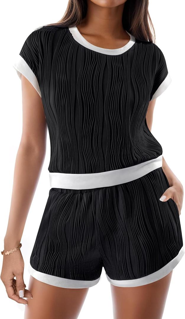 BMJL Womens Two Piece Sets Matching Tracksuits Cap Sleeve Tops High Waisted Summer Lounge Sets Vacation Outfits (Small, Black)