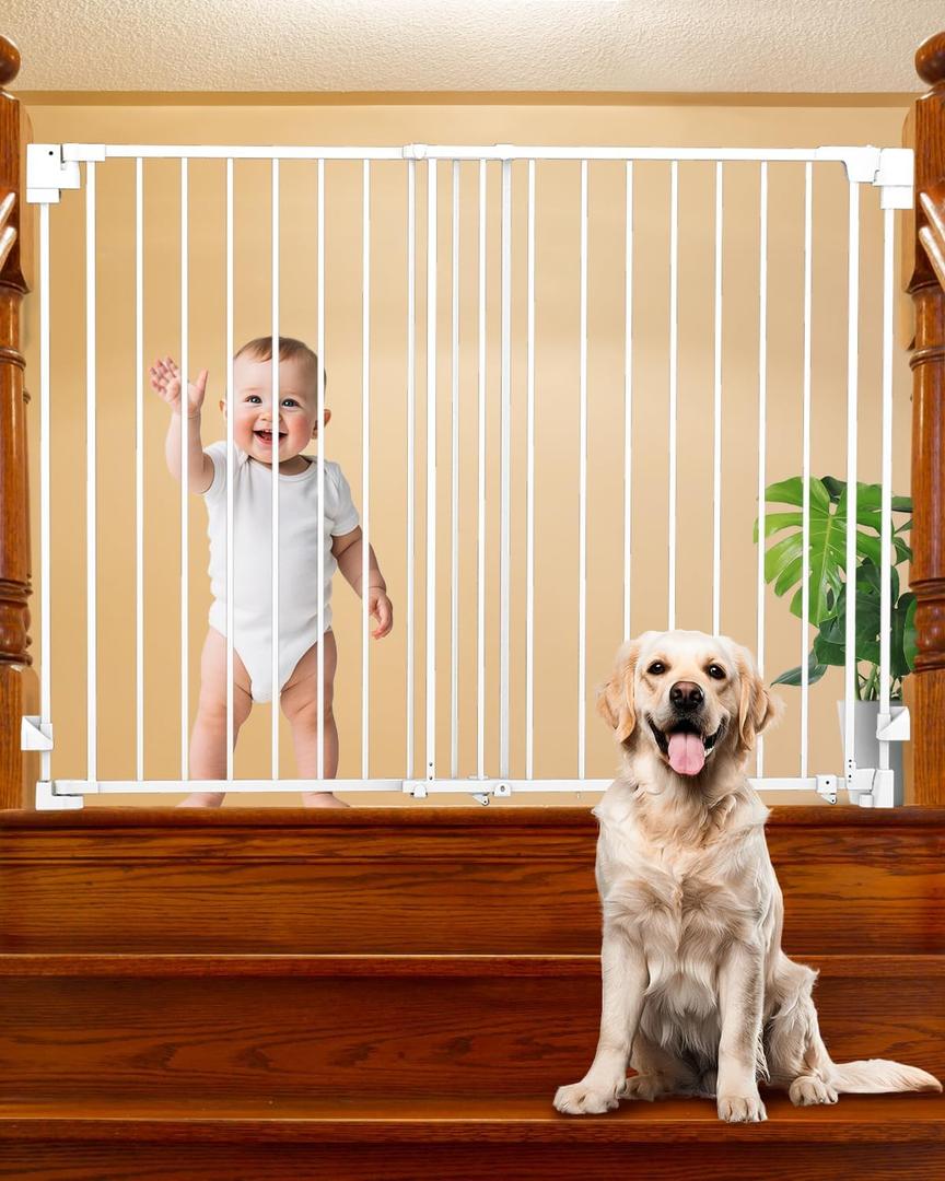 35-55" No Bottom Bar Baby Gates for Stairs, 39" Extra Tall Child Safety Gate with Auto Close Large Walk Thru Door, Hardware Mount Dog Gate Pet Gate for The House Doorways, Indoor Outdoor use (White)