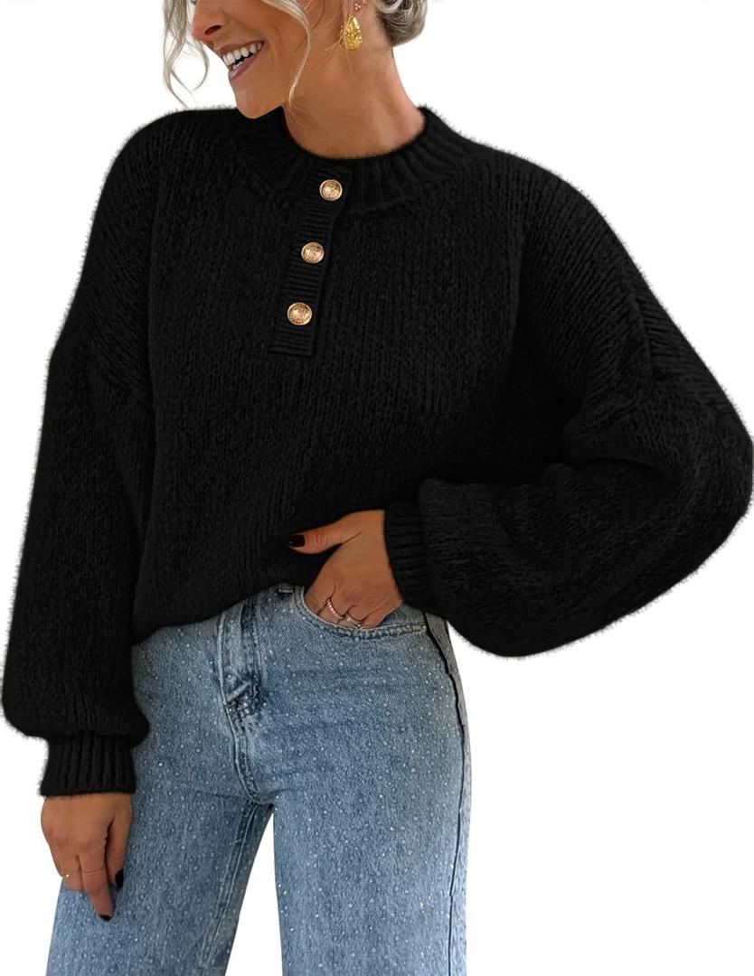 MEROKEETY Women's 2025 Fall Oversized Sweaters Chunky Long Lantern Sleeve Buttoned Mock Neck Winter Knit Loose Pullover Tops (Black, M)