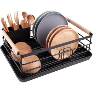 BRIAN & DANY Dish Drying Rack, Dish Racks for Kitchen Counter, Stainless Steel Dish Drainer with Removable Cutlery Holder & Drainboard, Black