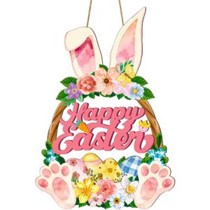 Wooden Easter Wreaths for Front Door Happy Easter Sign Hollow Bunny Sign Rabbit Spring Door Decoration, Colorful Flower Egg Welcome Hanging for Home Porch Window Wall Decor Party Indoor Outdoor