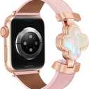MOINSPIRE Designer Slim Leather Bands for Women,Lucky Four-Leaf Clover Cute Dressy Magnetic Watch Bands for iwatch Compatible with Apple Watch Series 11/10/9/8/7/6/5/4/3/2/1 SE 1/2/3 Ultra 1/2/3, 49/46(S11/10)/45/44/42mm(Series 1/2/3) Rose Gold