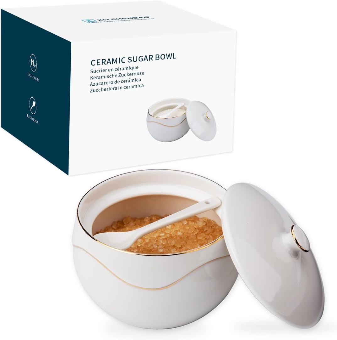 KITCHENDAO Porcelain Sugar Bowl with Lid and Spoon  Dust Free- Ceramic Sugar Holder Container for Countertop Kitchen Coffee, Dishwasher Oven Freezer Safe, 11OZ