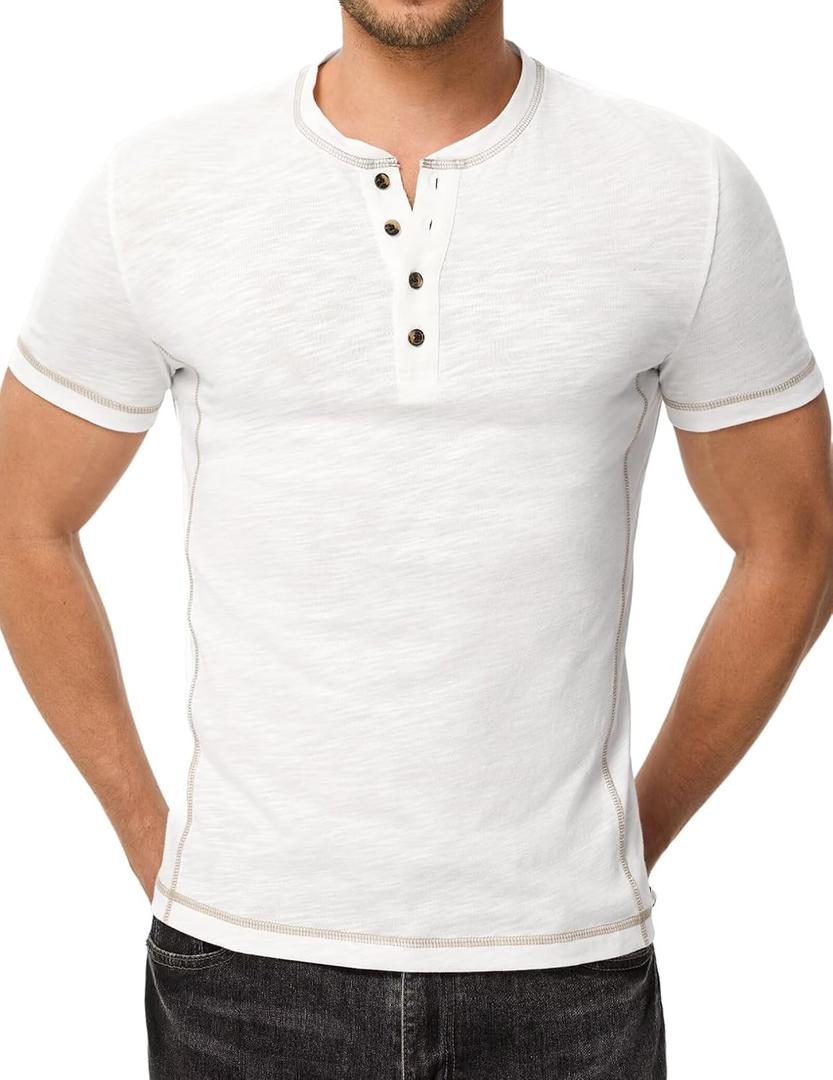 Dokotoo Men Men's Casual Henley Shirts Crew Neck Short Sleeve Classic Button Solid Lightweight Pullover Tees Tops (White, S)