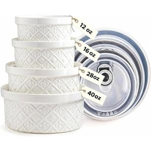 Large Mixing Bowls with Airtight Lids, Classic White Porcelain Embossed Nesting Salad Bowls for Baking and Cooking, 12/16/28/40oz Serving Bowls Set of 4, Oven and Dishwasher Safe, Thanksgiving Gift