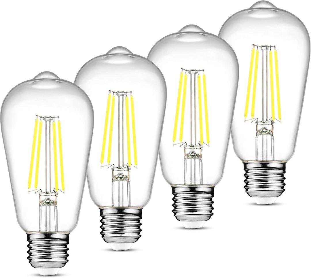 Ascher Vintage LED Edison Bulbs, 6W, Equivalent 60W, Non-Dimmable, Daylight 5000K, 700Lumens, ST58 Antique LED Filament Bulbs with 80+ CRI, E26 Medium Base, Clear Glass, Pack of 4