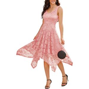 Meetjen Women's Lace Cocktail Party Dress 2025 Handkerchief Hem Bridesmaid Prom Formal Dresses for Wedding Guest (Large)