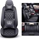 Full Set Car Seat Covers, Crown PU Leather Car Seat Cover Full Surround, Comfortable Automotive Vehicle Cushion Cover Fit for Most 5 Seats Cars/SUV/Truck/Vans (Black+White)