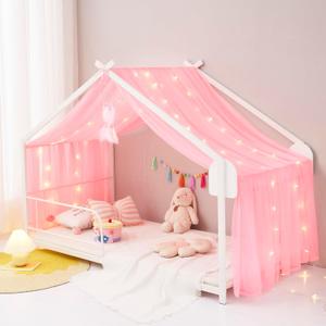 Mengersi Bed Canopy House Canopy Bed Curtains with Lights for Girls Boys,Voile Sheer Window Scarf,Fit for House Metal Floor Twin Full Bed,No Frame(Pink)